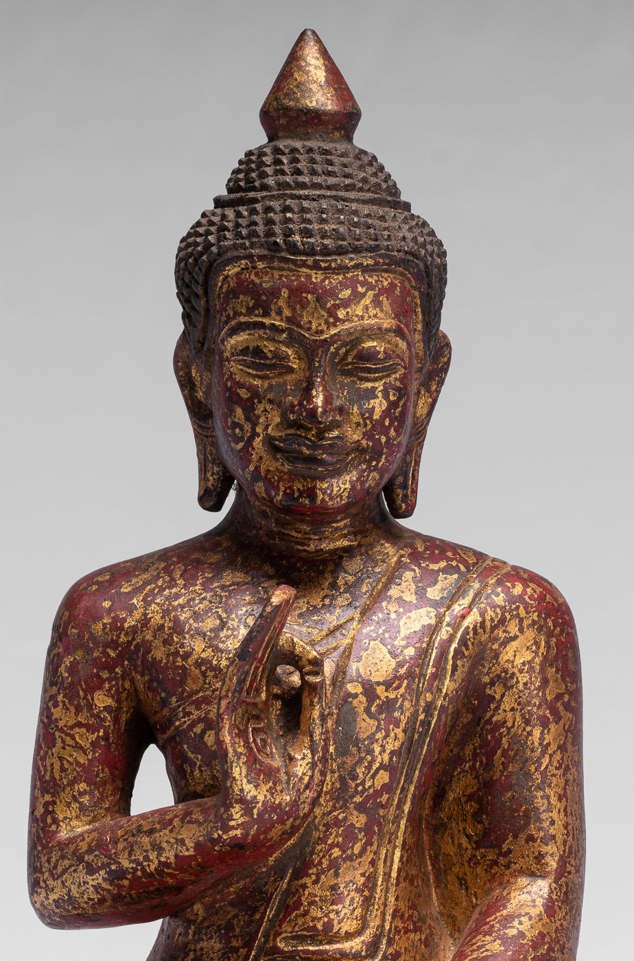 Buddha Sculpture - Buddha - Antique Khmer Style Seated Wood Buddha Statue Teaching Mudra - 26cm/10"