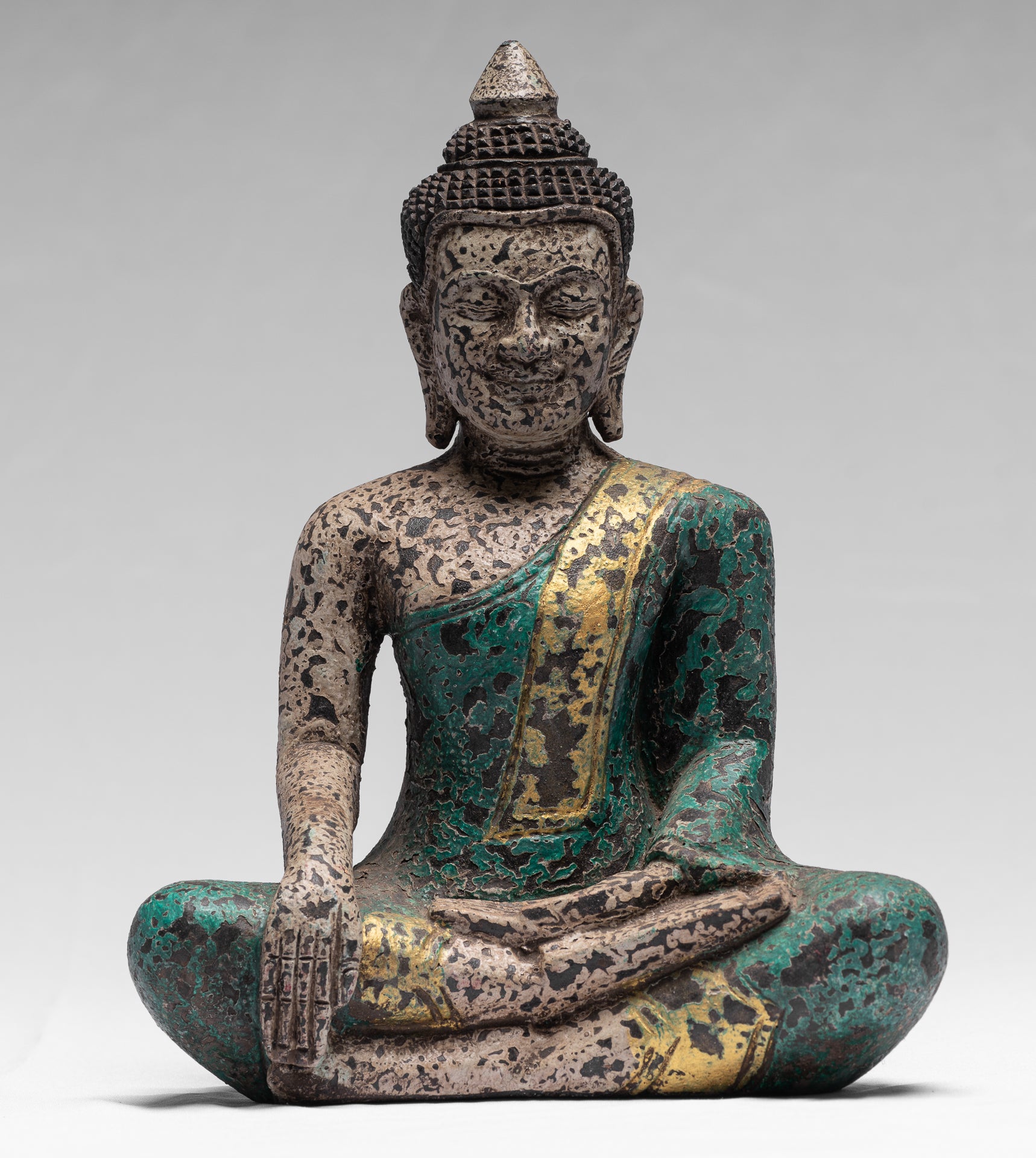 Buddha Statue - Antique Khmer Style SE Asia Seated Wood Enlightenment Buddha Statue - 25cm/10"