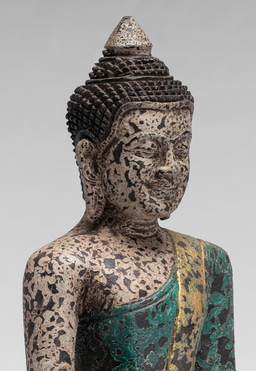 Buddha Statue - Antique Khmer Style SE Asia Seated Wood Enlightenment Buddha Statue - 25cm/10"