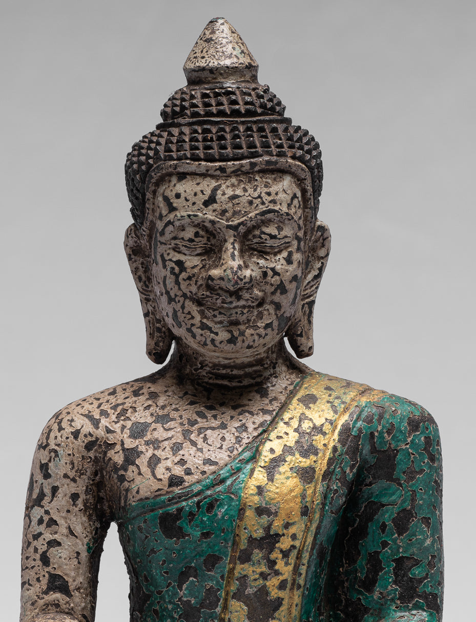 Buddha Statue - Antique Khmer Style SE Asia Seated Wood Enlightenment Buddha Statue - 25cm/10"