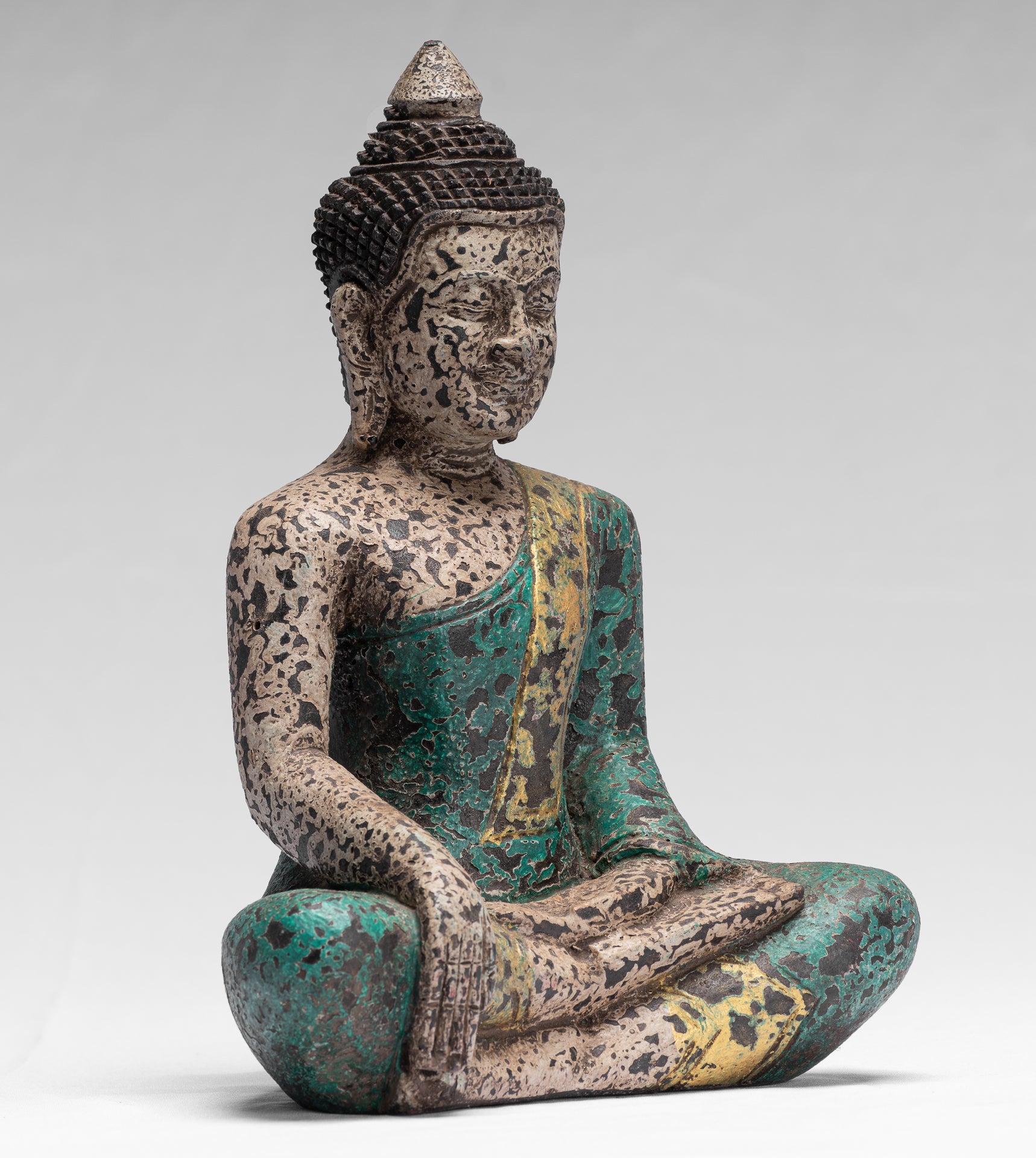 Buddha Statue - Antique Khmer Style SE Asia Seated Wood Enlightenment Buddha Statue - 25cm/10"