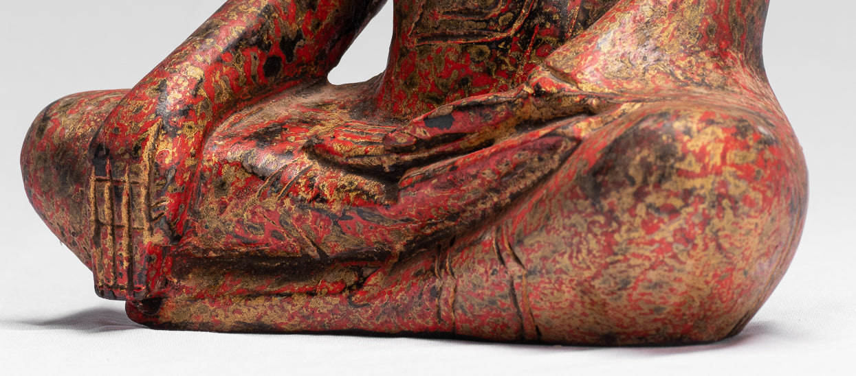 Buddha Statue - Antique Khmer Style SE Asia Seated Wood Enlightenment Buddha Statue - 25cm/10"