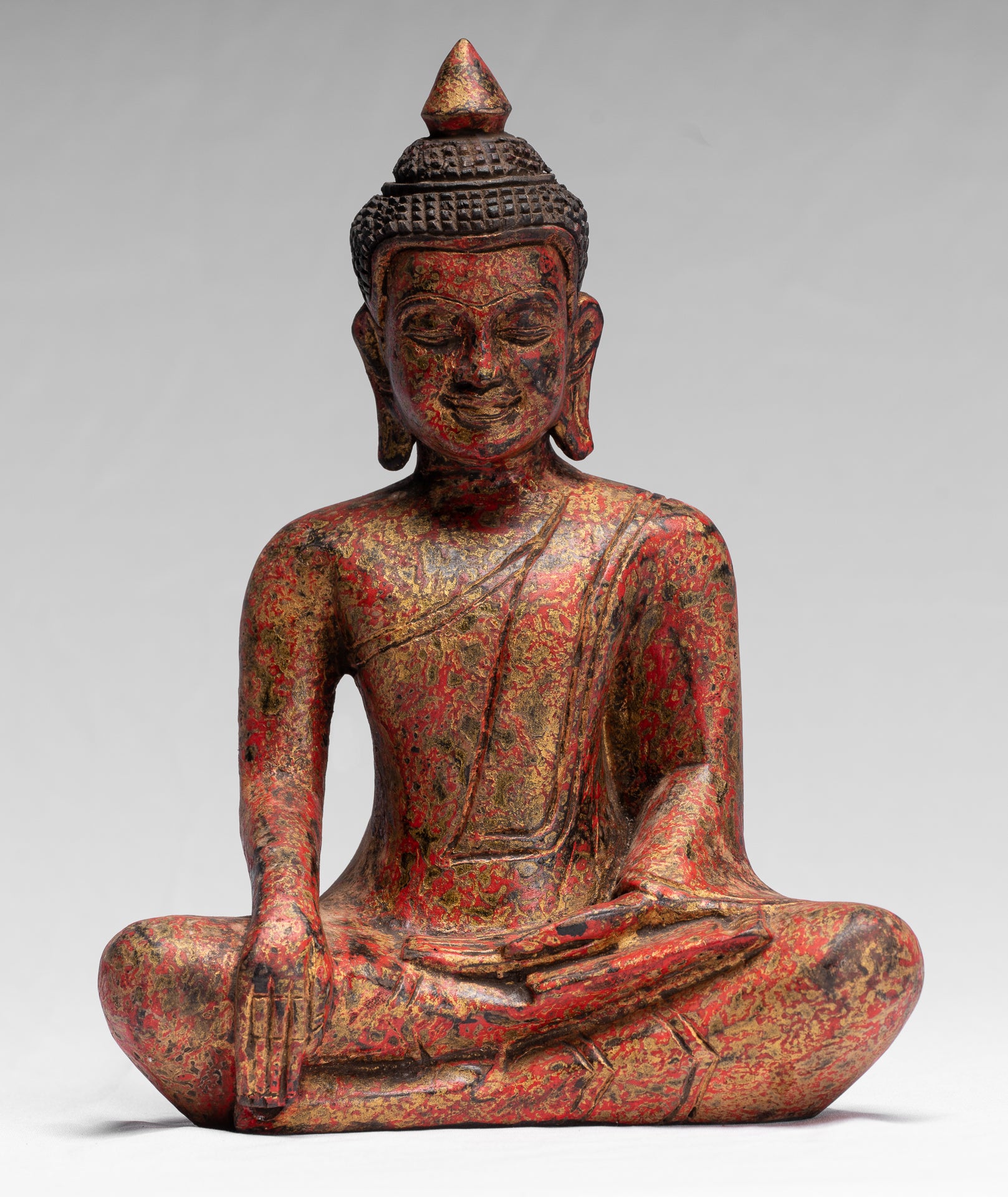 Buddha Statue - Antique Khmer Style SE Asia Seated Wood Enlightenment Buddha Statue - 25cm/10"