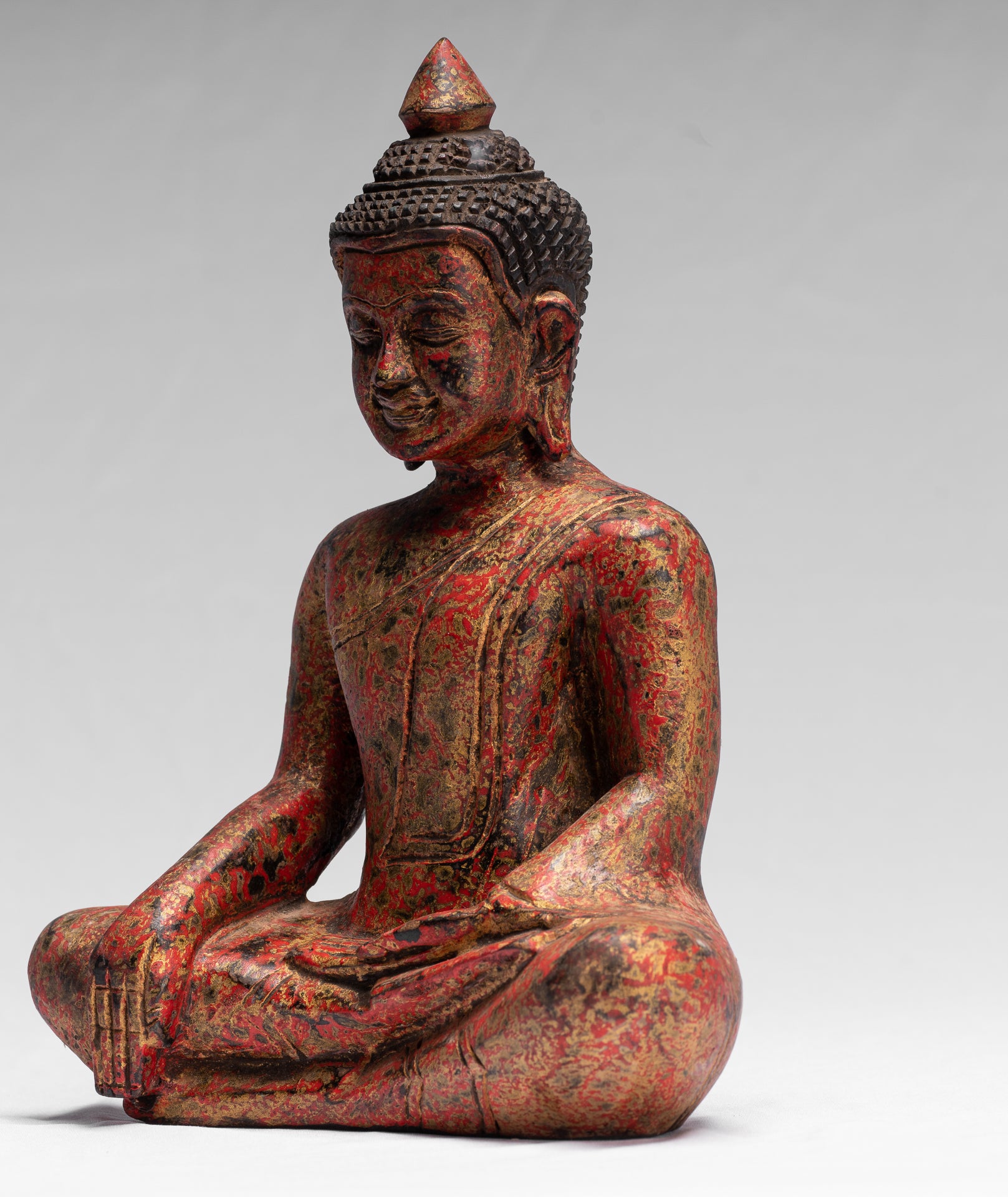Buddha Statue - Antique Khmer Style SE Asia Seated Wood Enlightenment Buddha Statue - 25cm/10"