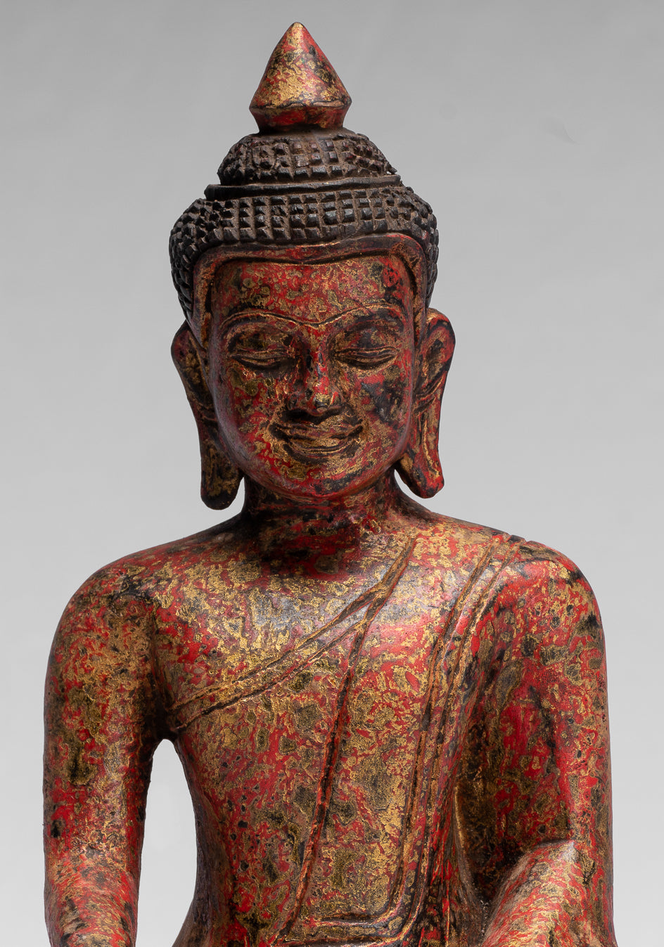 Buddha Statue - Antique Khmer Style SE Asia Seated Wood Enlightenment Buddha Statue - 25cm/10"