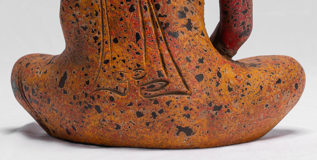 Buddha Sculpture - Antique Khmer Style Wood Seated Buddha Statue Dhyana Meditation Mudra - 32cm/13"