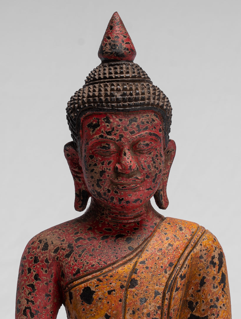 Buddha Sculpture - Antique Khmer Style Wood Seated Buddha Statue Dhyana Meditation Mudra - 32cm/13"
