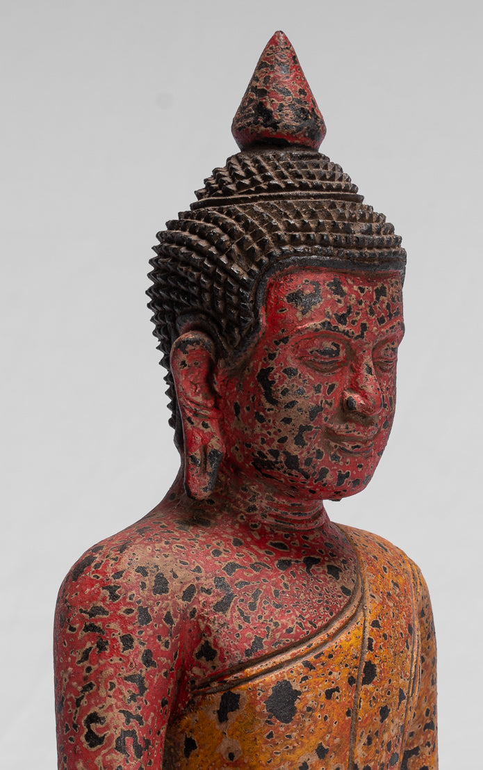Buddha Sculpture - Antique Khmer Style Wood Seated Buddha Statue Dhyana Meditation Mudra - 32cm/13"