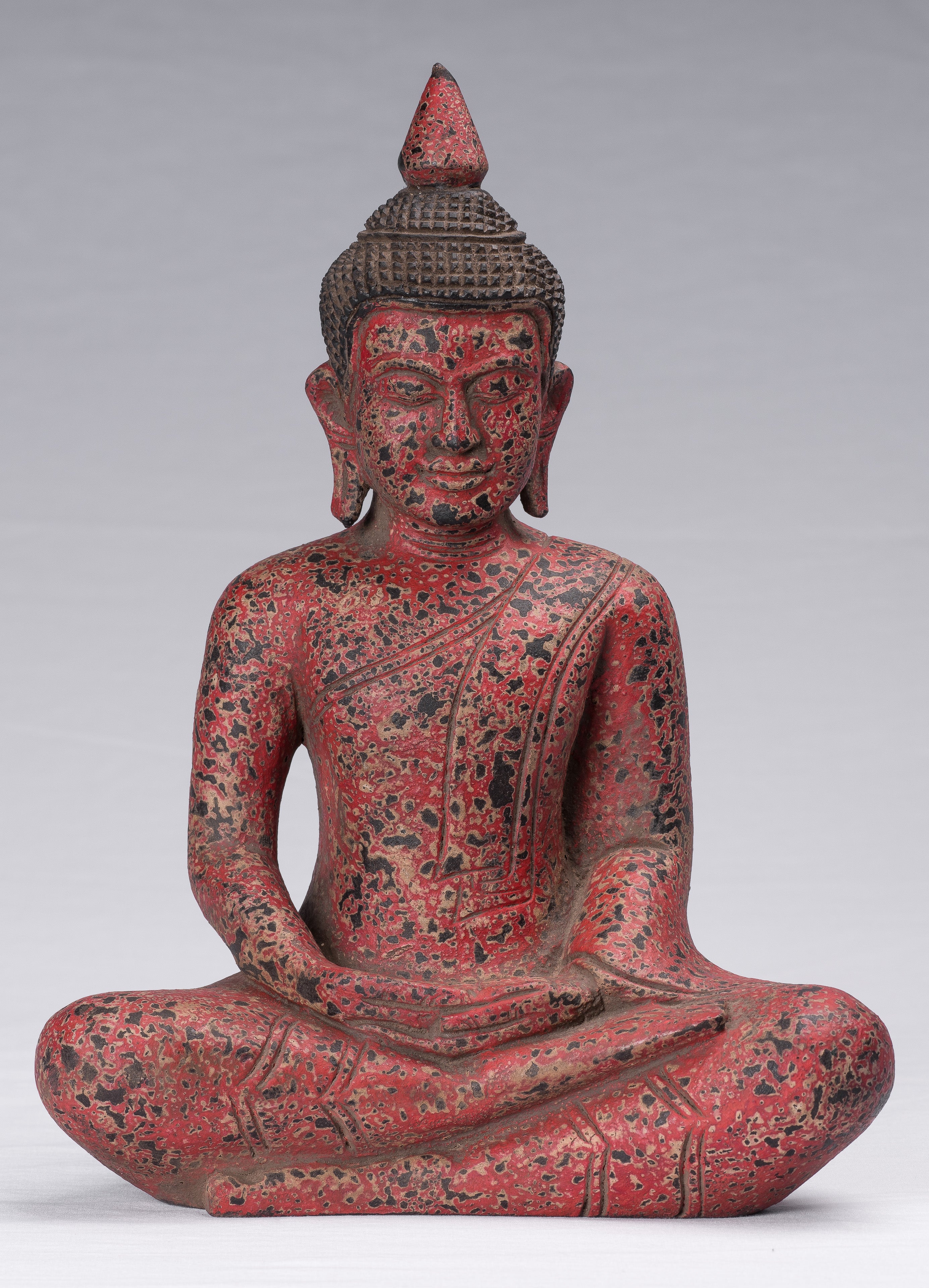 Buddha Sculpture - Antique Khmer Style Wood Seated Buddha Statue Dhyana Meditation Mudra - 34cm/14"