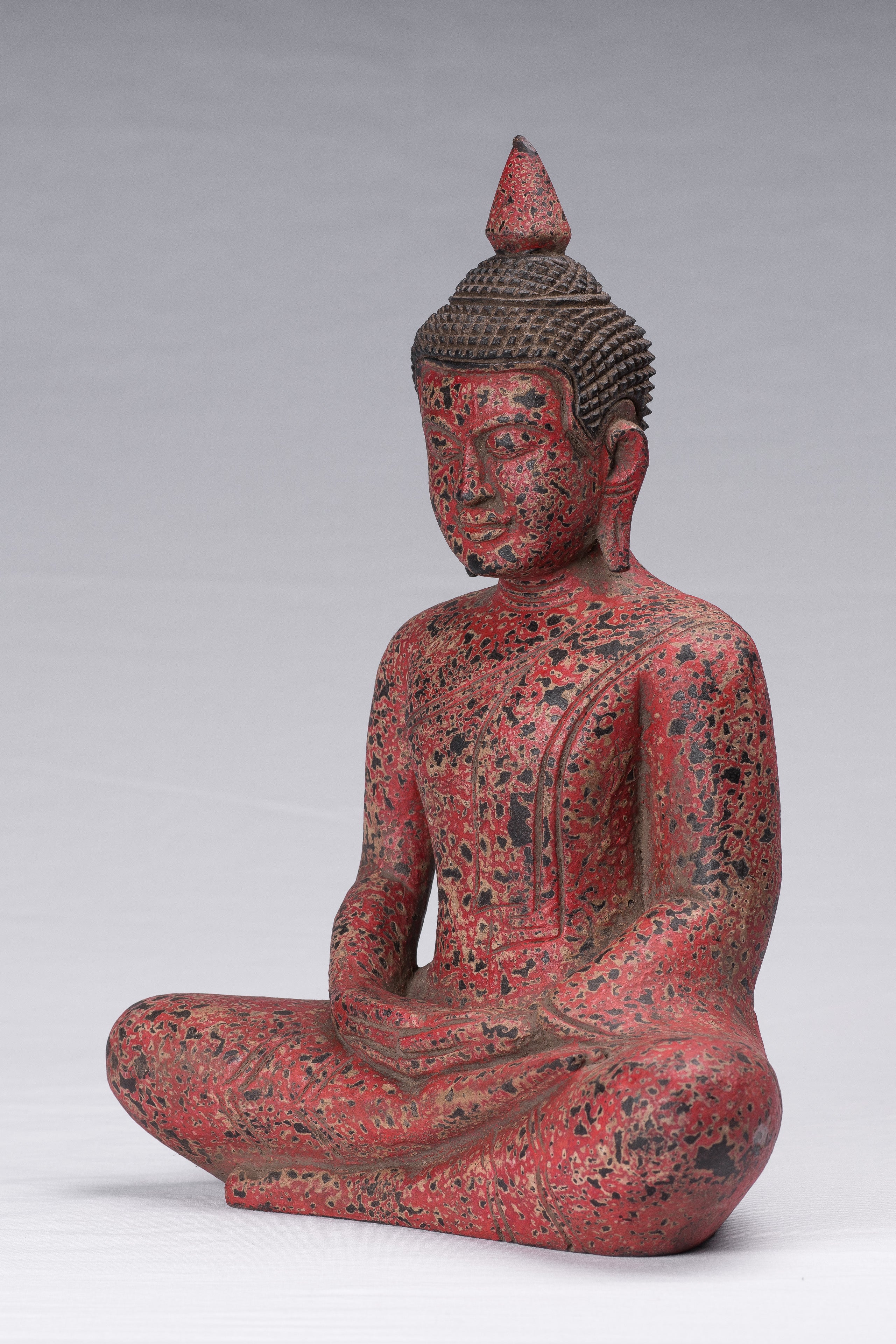 Buddha Sculpture - Antique Khmer Style Wood Seated Buddha Statue Dhyana Meditation Mudra - 34cm/14"