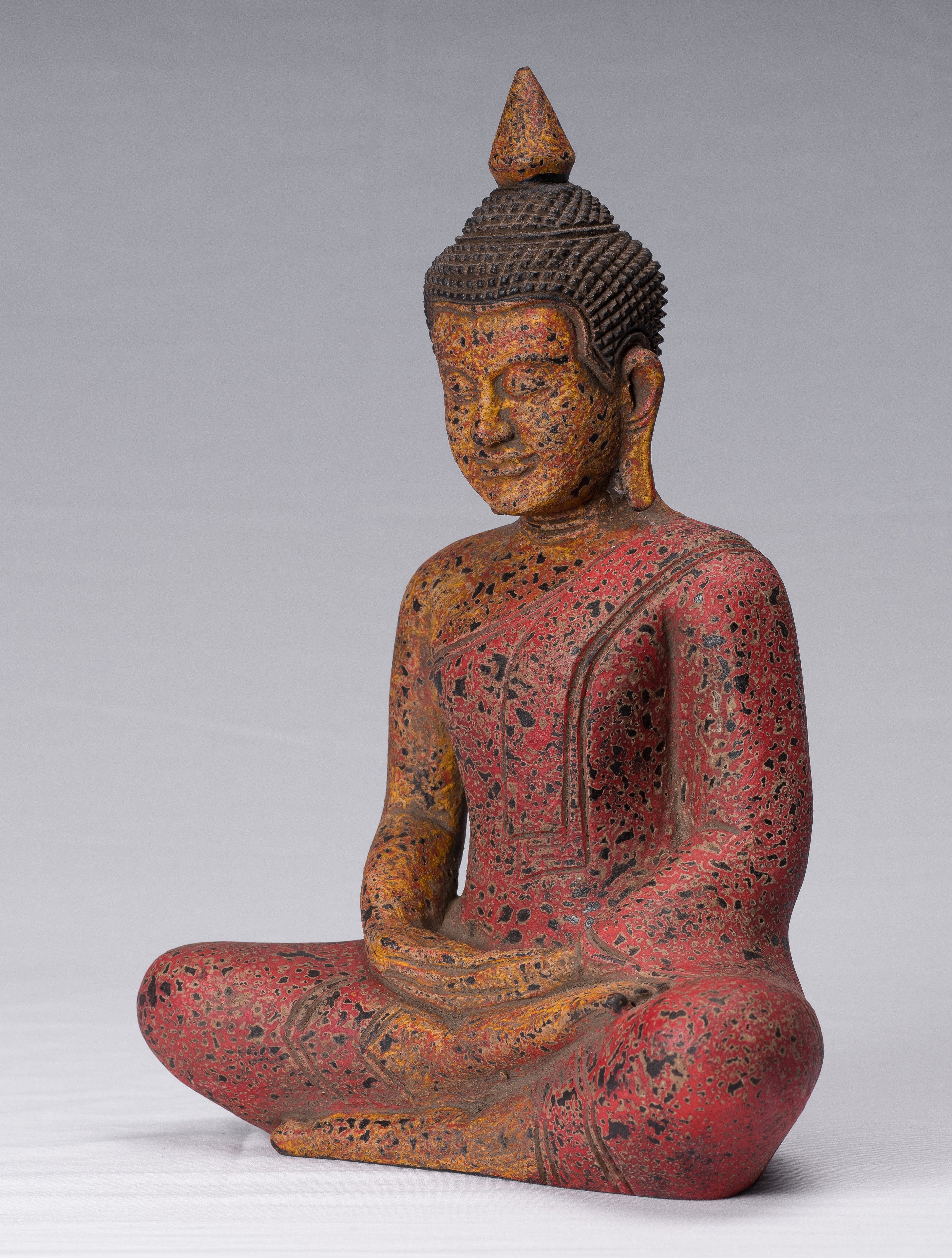 Buddha Sculpture - Antique Khmer Style Wood Seated Buddha Statue Dhyana Meditation Mudra - 34cm/14"