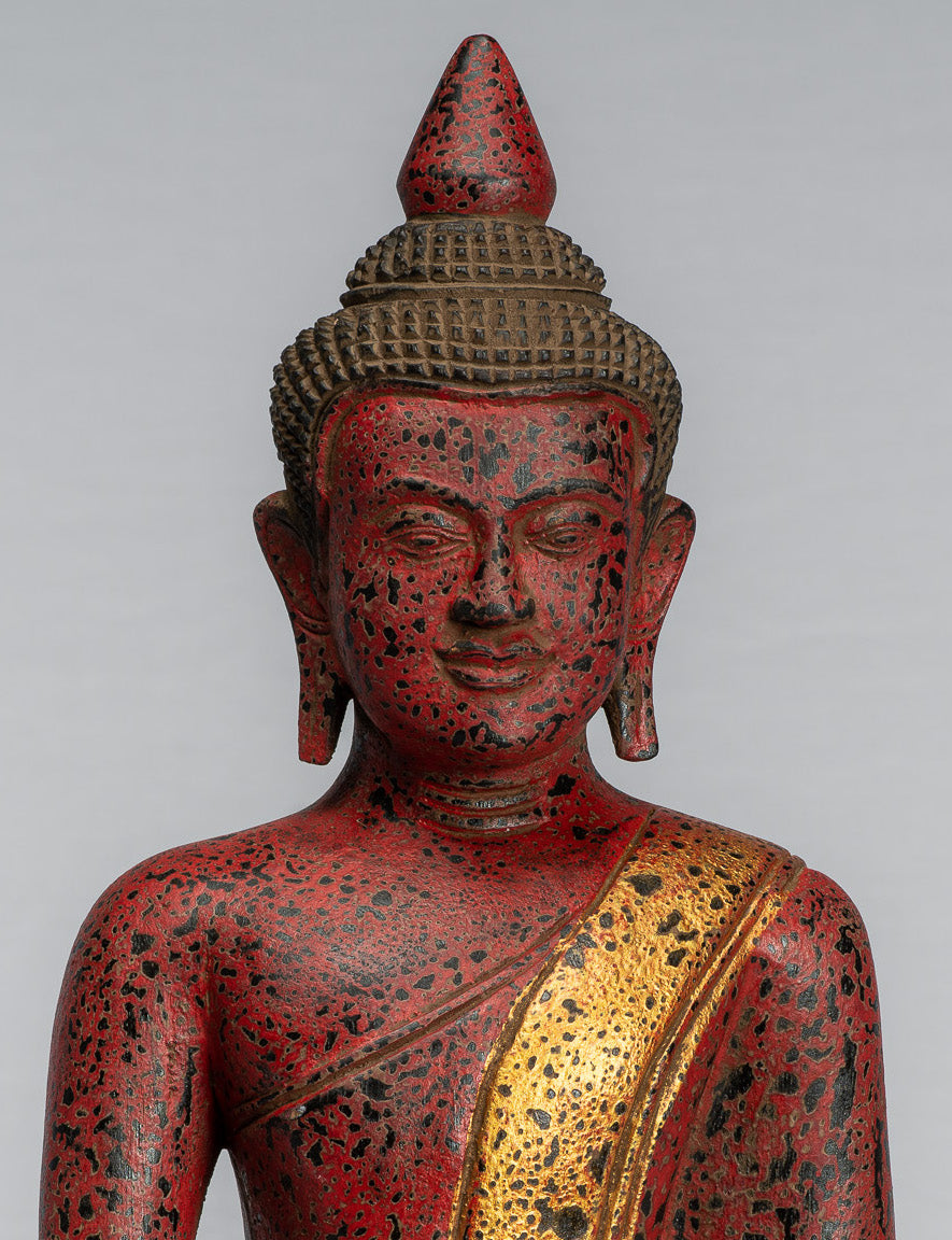 Buddha Statue-Antique Khmer Style SE Asia Seated Wood Enlightenment Buddha Statue-39cm/16 "