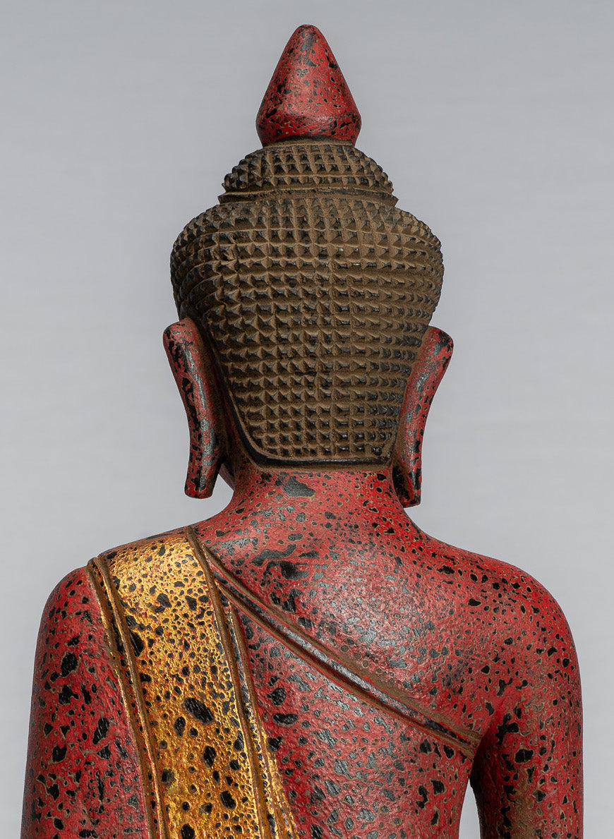 Buddha Statue-Antique Khmer Style SE Asia Seated Wood Enlightenment Buddha Statue-39cm/16 "