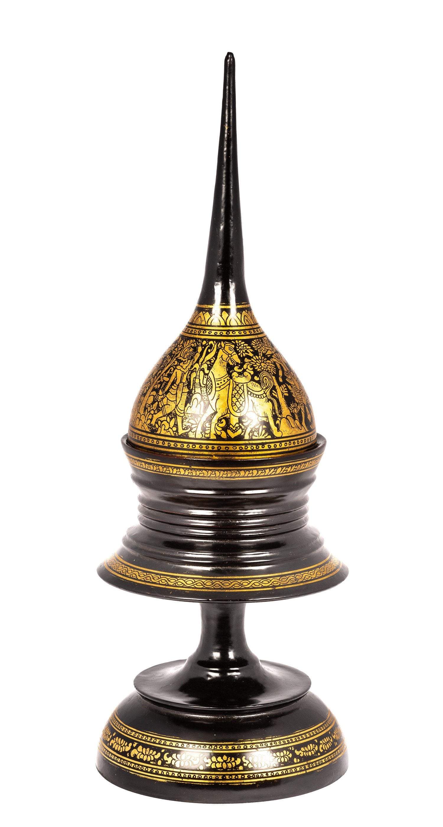 19. Jahrhundert Antike Burmesen Shwe Zawa Lacquerware Angeboten Stupa-41cm/16 "