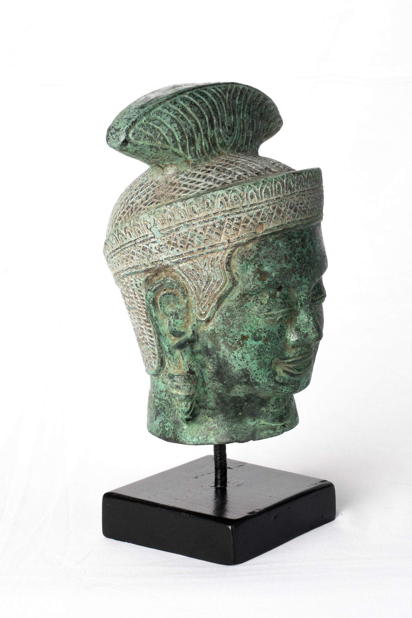 Lakshmi ou Devi/Tête Divine en Bronze de Style Khmer Antique - 24 cm/10"