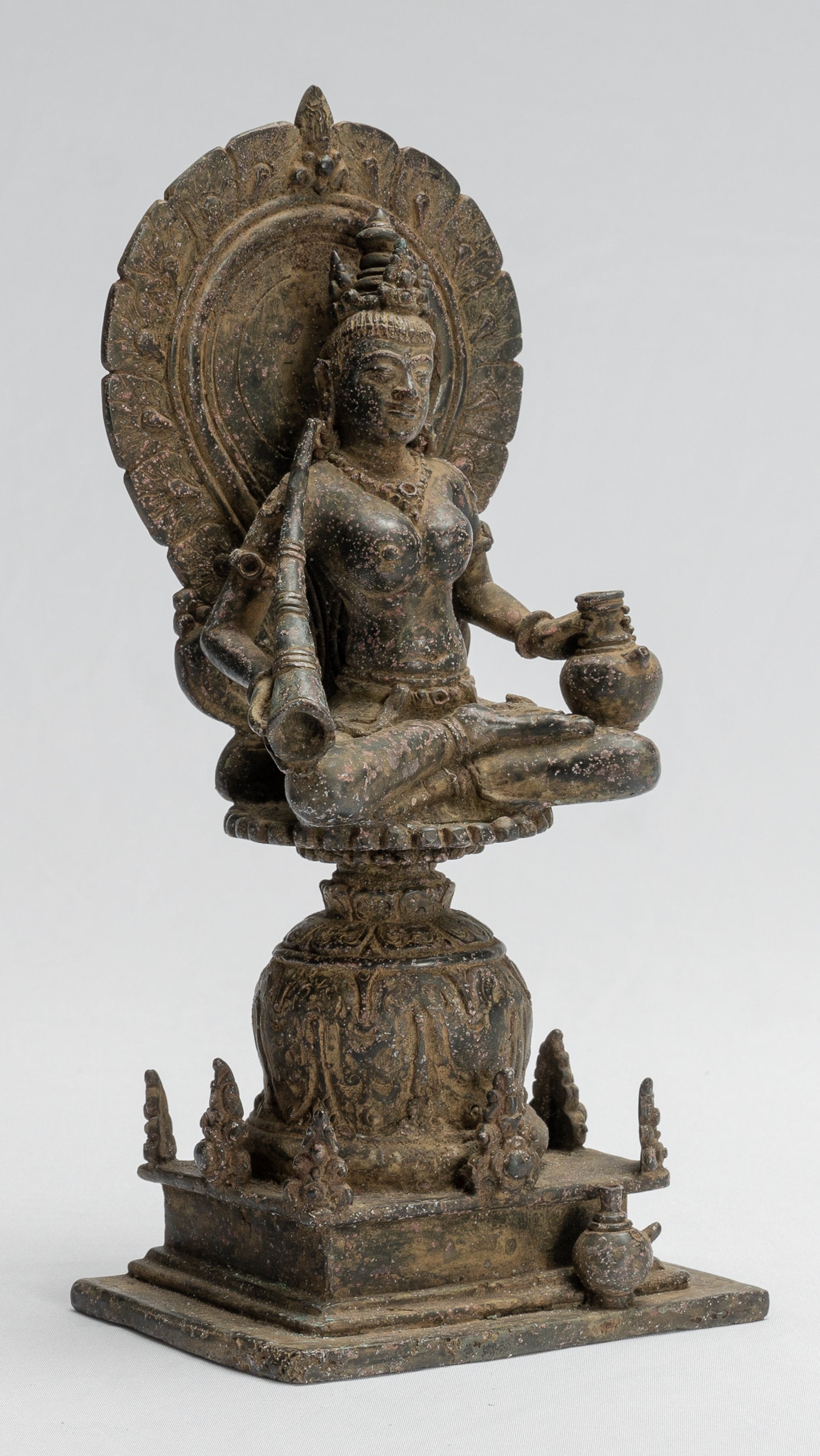 Tara Statue - Antique Java Style Majapahit Seated Bronze Devi Tara Statue - 24cm/10"
