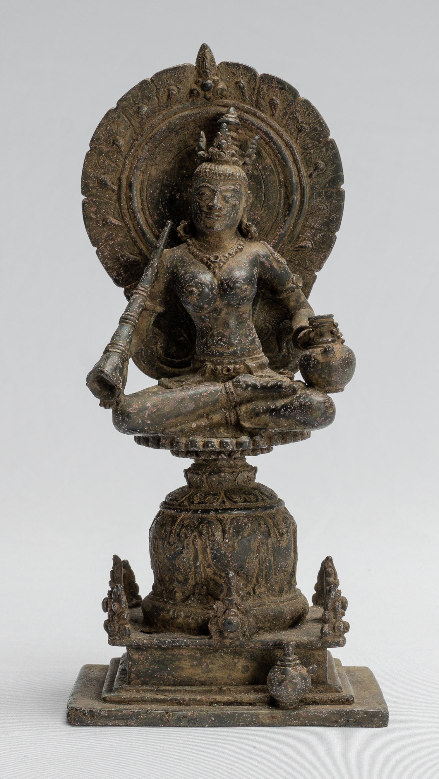 Tara Statue - Antique Java Style Majapahit Seated Bronze Devi Tara Statue - 24cm/10"