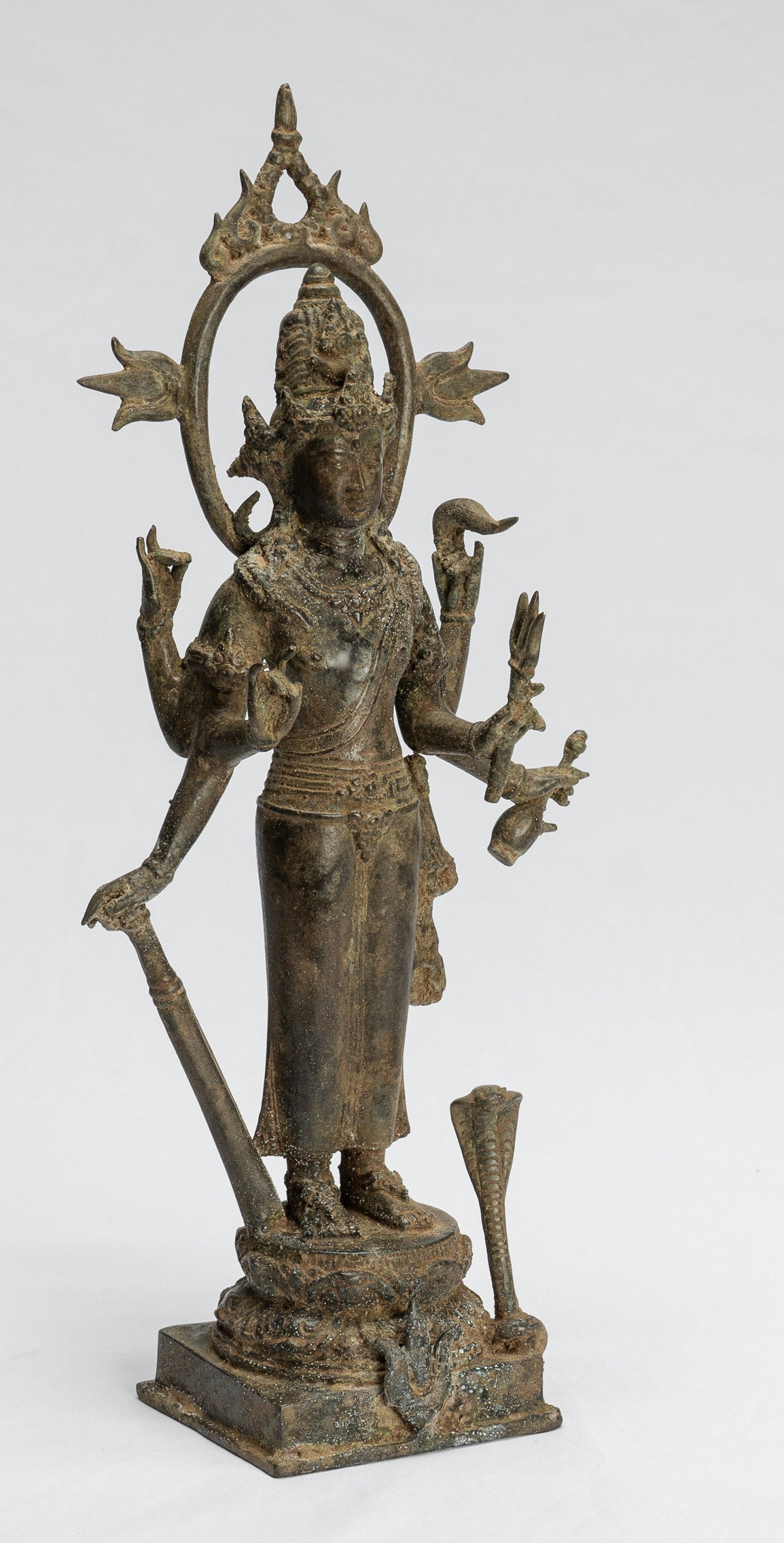 Shiva Statue - Antique Indonesian Style Bronze Javanese Standing 6-Arm Shiva Statue - 36cm/14"