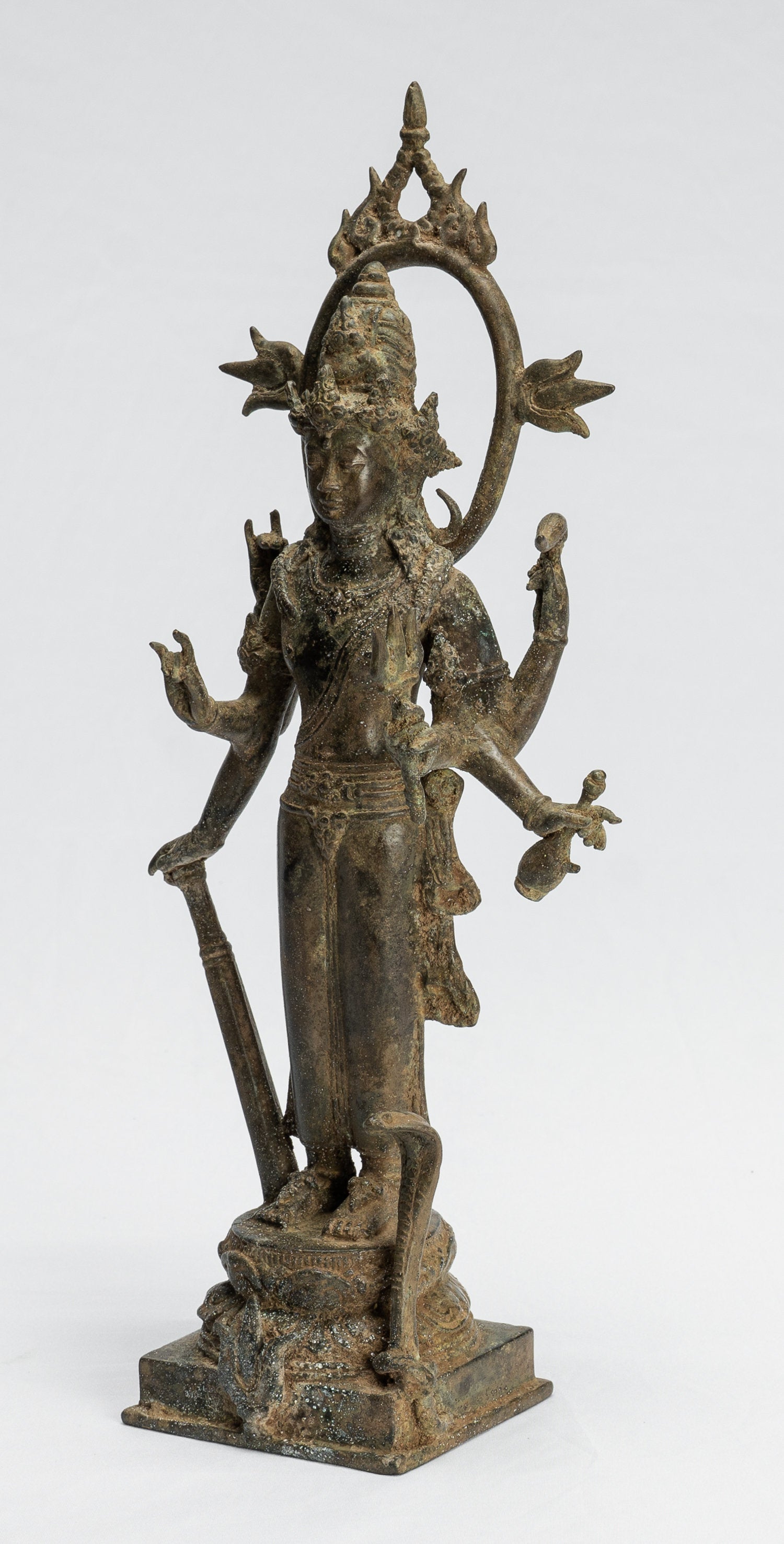 Shiva Statue - Antique Indonesian Style Bronze Javanese Standing 6-Arm Shiva Statue - 36cm/14"