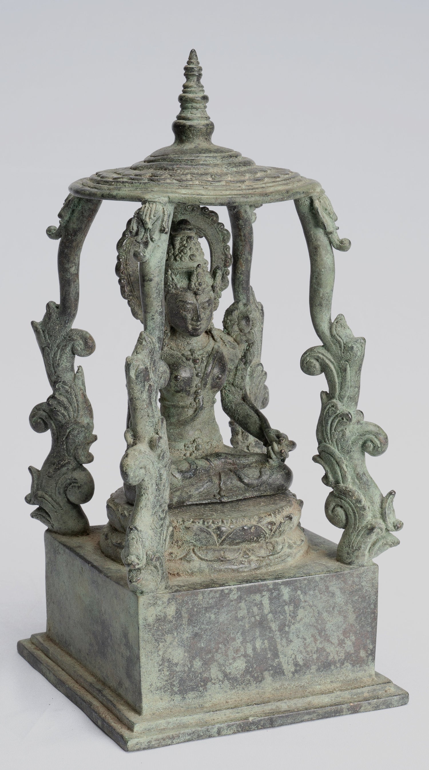 Tara Statue - Antique Java Style Majapahit Seated Bronze Devi Tara Statue - 22cm/9"