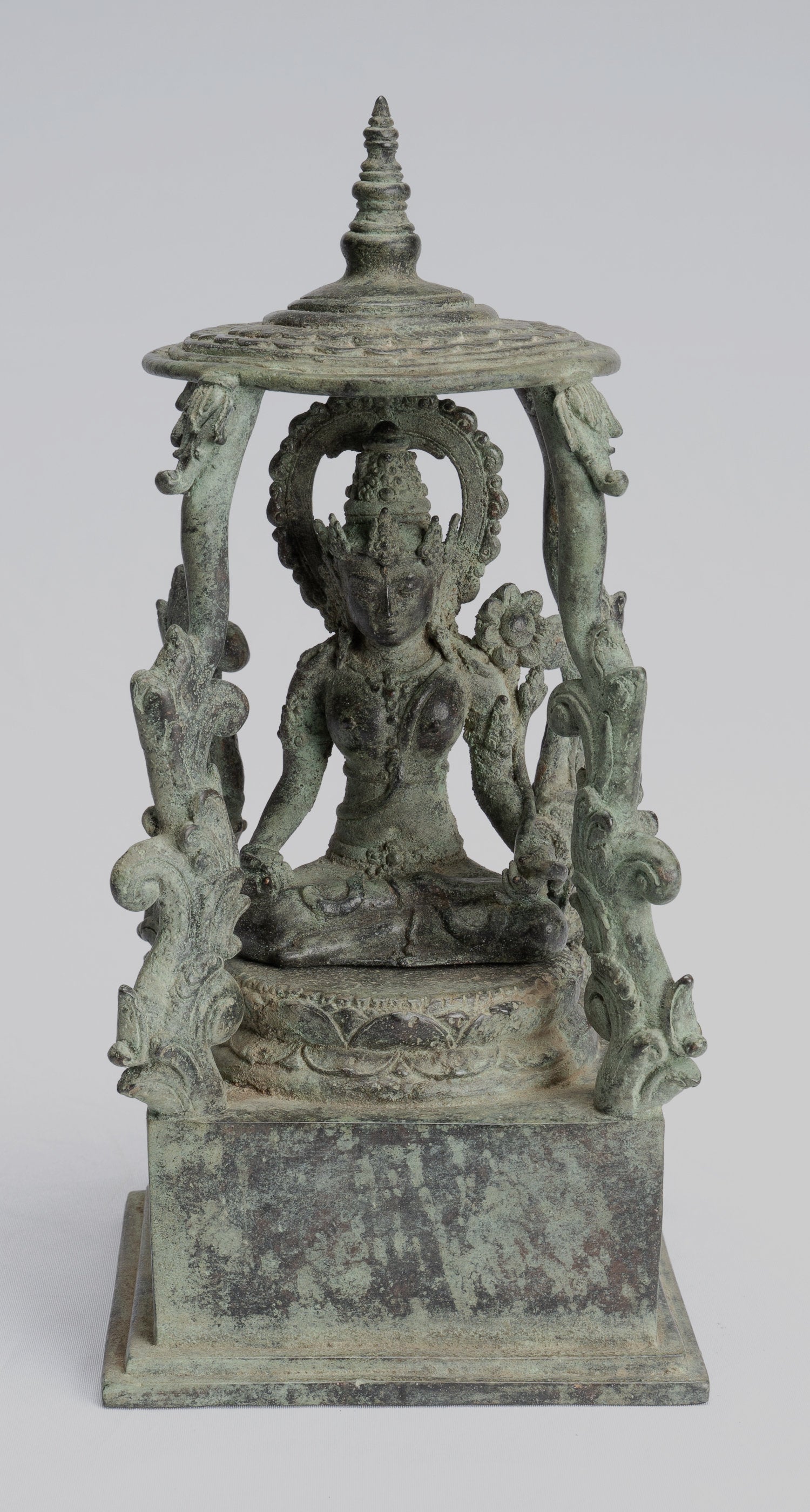 Tara Statue - Antique Java Style Majapahit Seated Bronze Devi Tara Statue - 22cm/9"