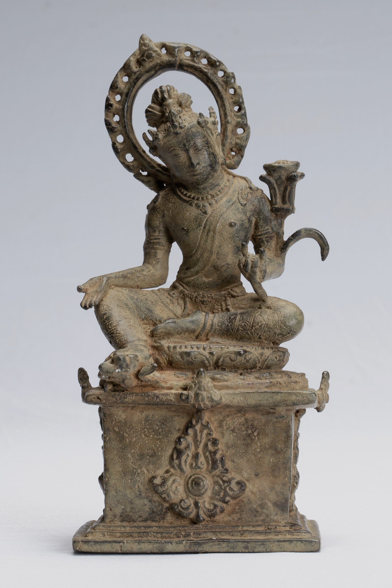 Tara Statue - Antique Java Style Majapahit Seated Bronze Devi Tara Statue - 18cm/7"