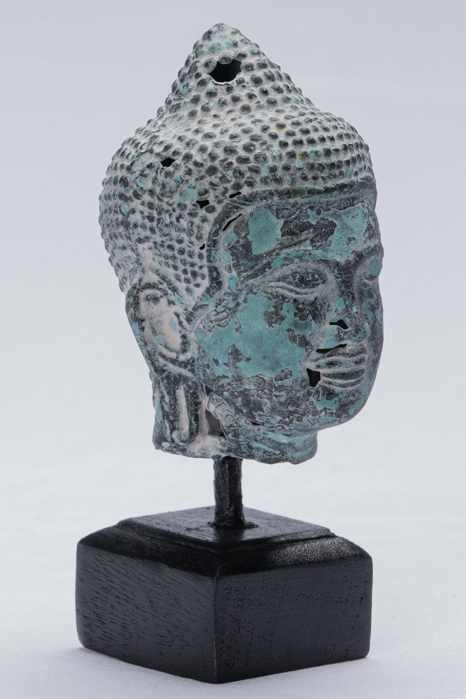 Buddha Statue - Antique Khmer Style Bronze Mounted Buddha Head Statue - 15.5cm/6"