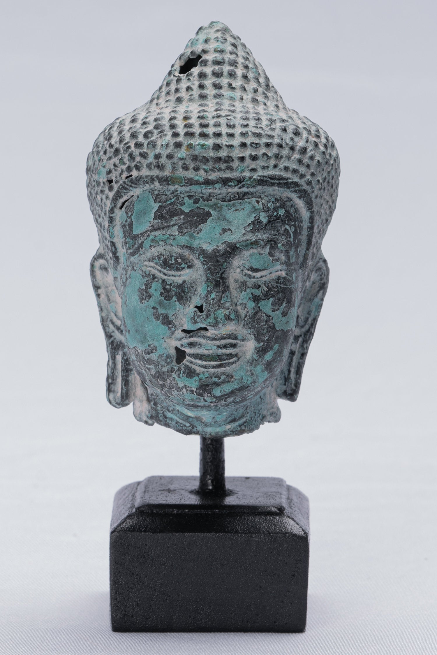 Buddha Statue - Antique Khmer Style Bronze Mounted Buddha Head Statue - 15.5cm/6"