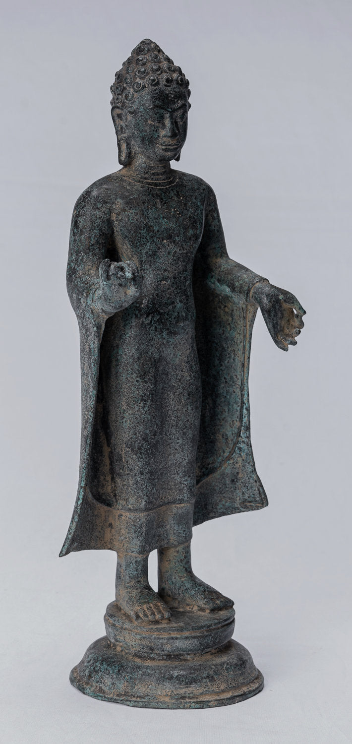 Statue de Bouddha - ancien Bouddha thaïlandais debout en bronze devawati - 33cm / 13 "