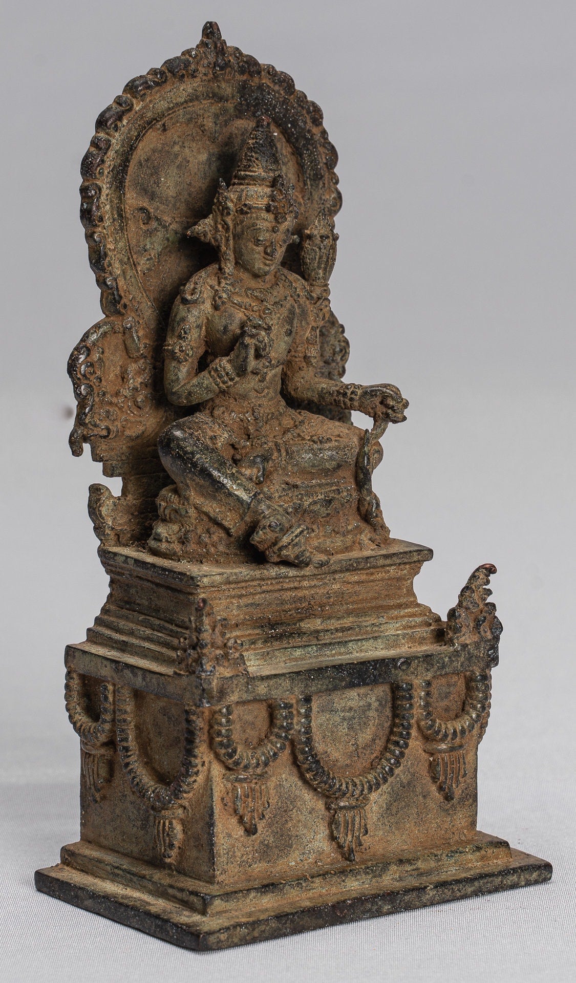 Tara Statue - Antique Java Style Majapahit Seated Bronze Devi Tara Statue - 15cm/6"