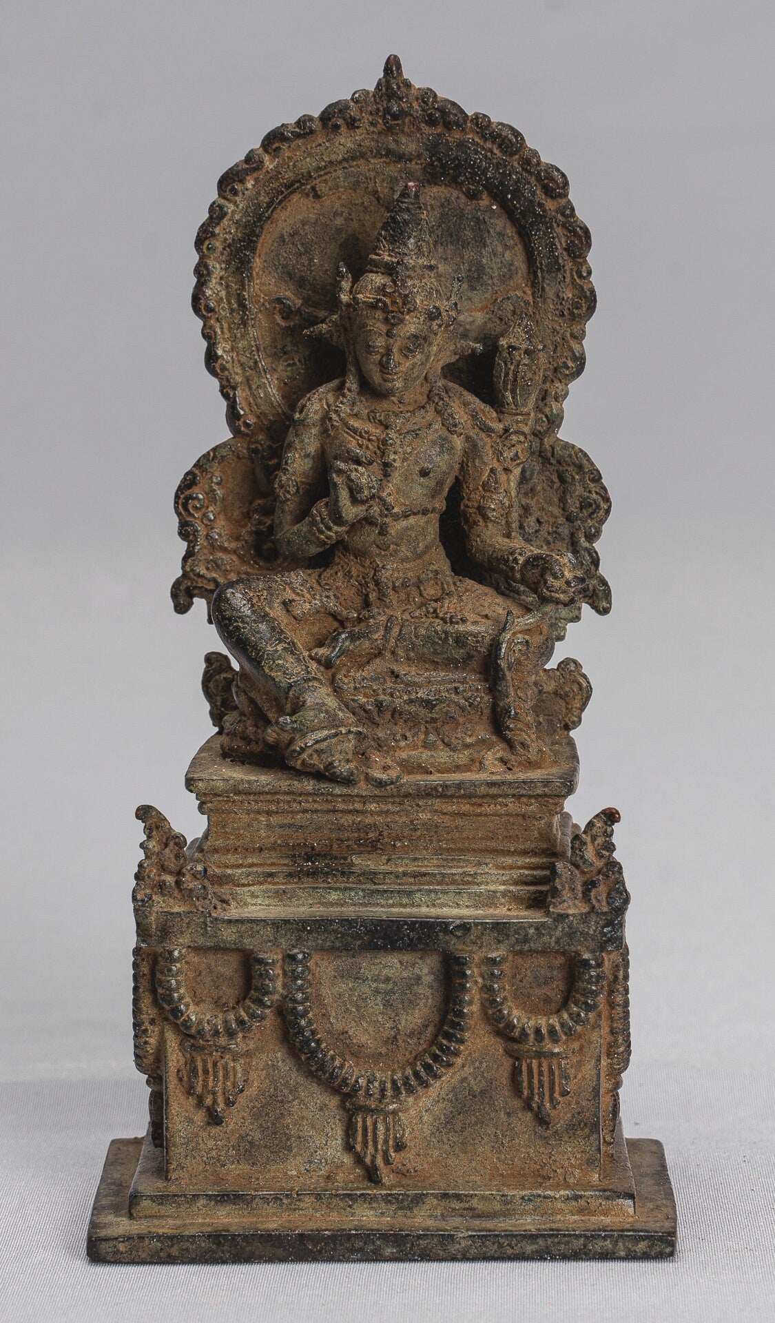 Tara Statue - Antique Java Style Majapahit Seated Bronze Devi Tara Statue - 15cm/6"