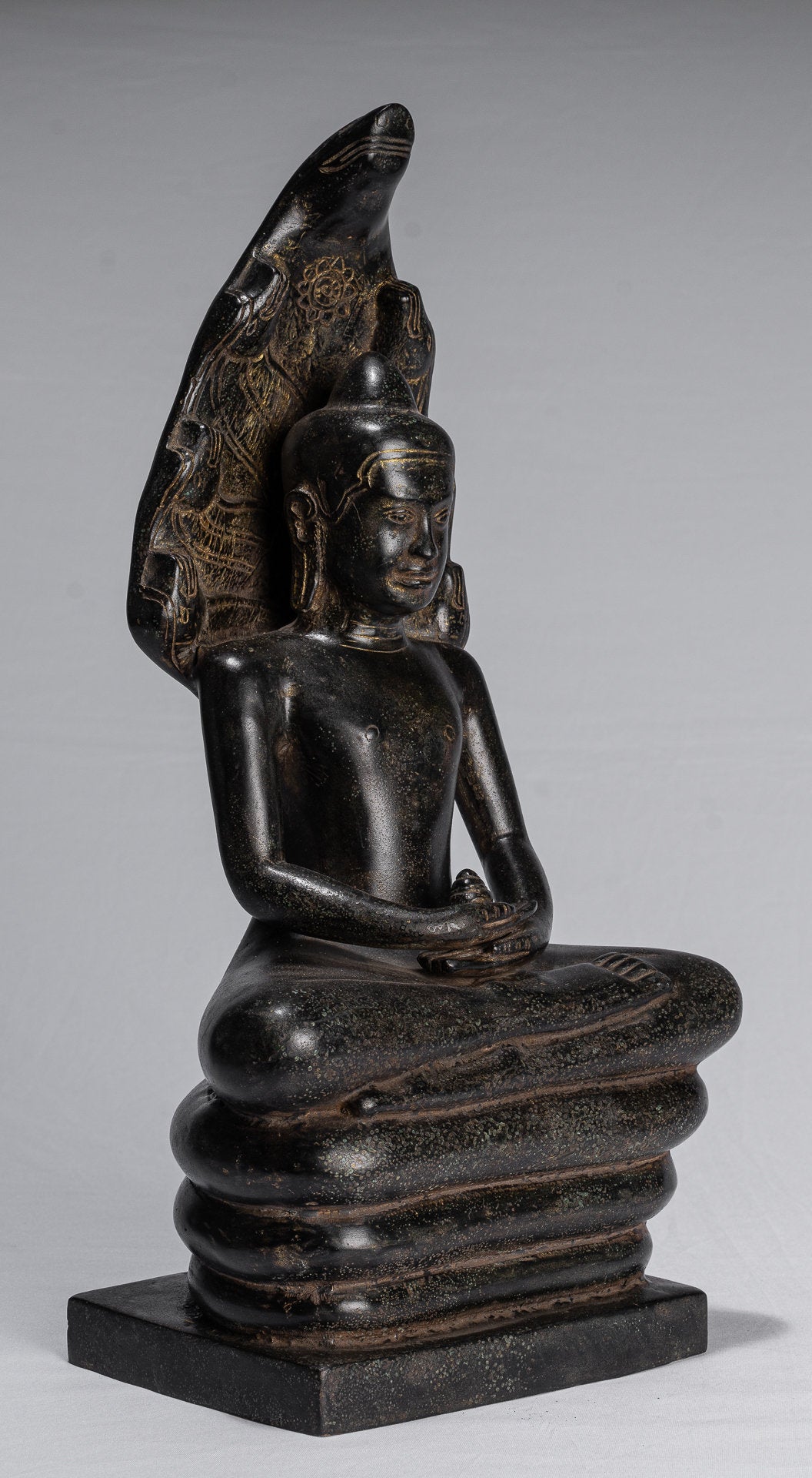 Buddha Statue - Antique Khmer Style Bronze Seated Meditation Naga Buddha Statue - 42cm/17"