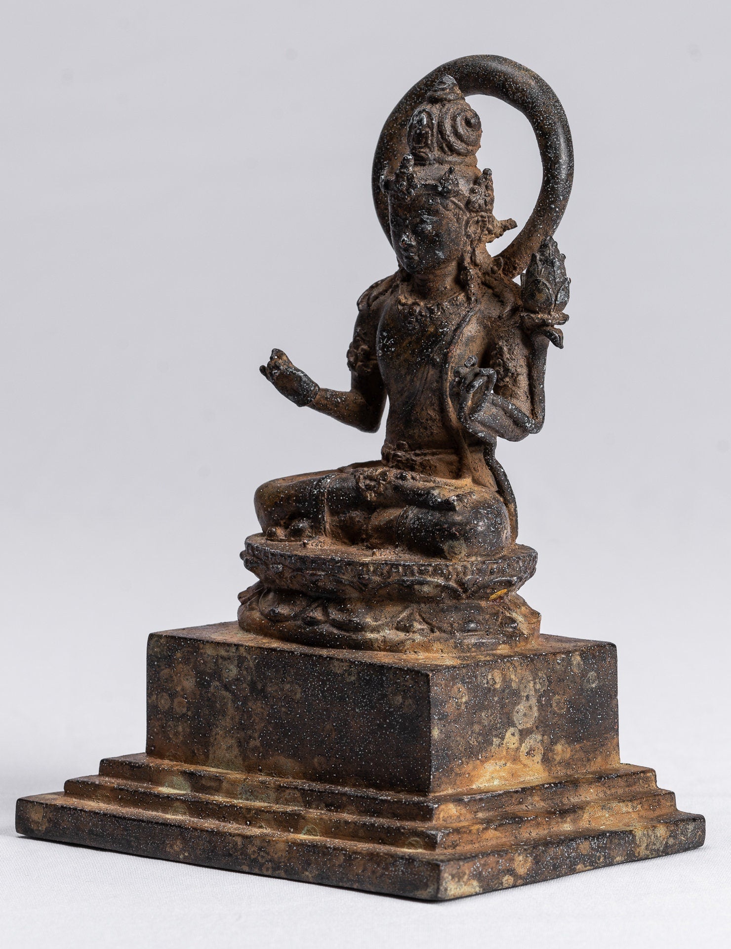 Tara Statue - Antique Java Style Majapahit Indonesian Seated Bronze Devi Tara Statue - 17cm/7"