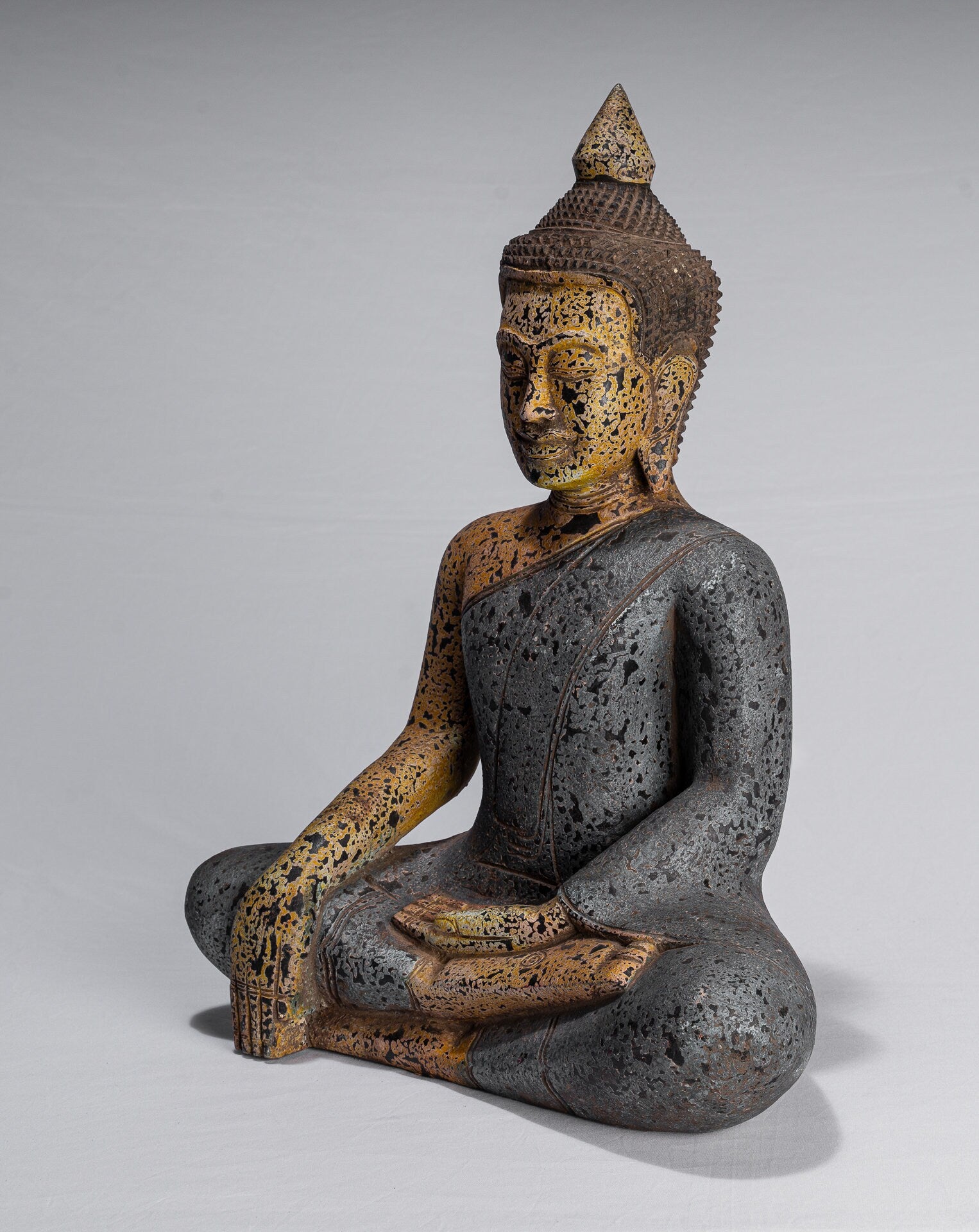 Buddha Statue - Antique Khmer Style SE Asia Seated Wood Enlightenment Buddha Statue - 45cm/18"