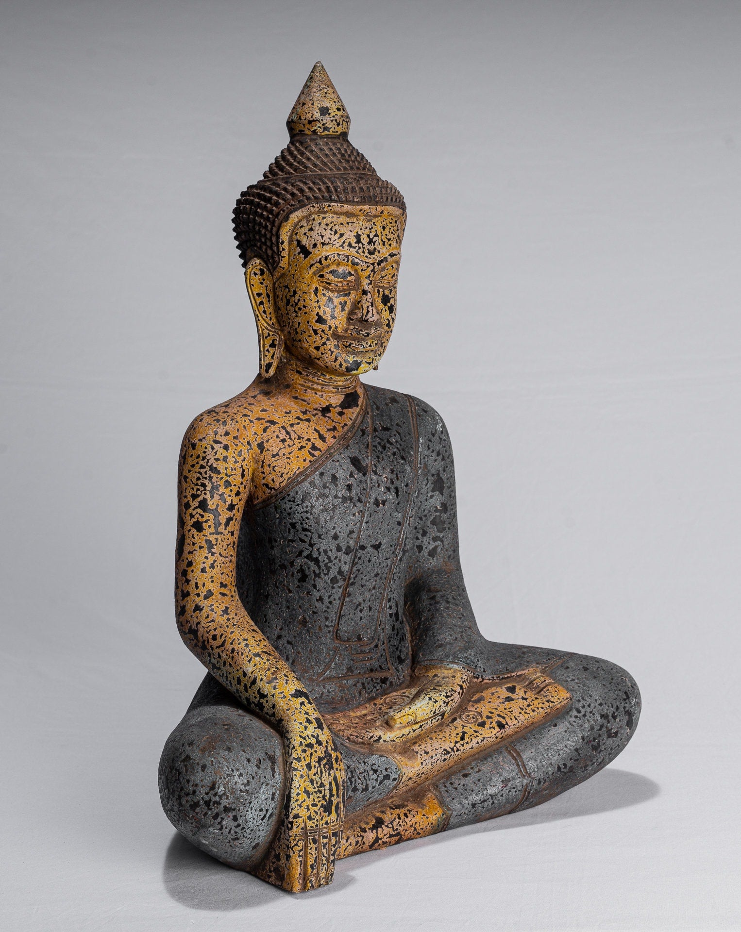 Buddha Statue - Antique Khmer Style SE Asia Seated Wood Enlightenment Buddha Statue - 45cm/18"