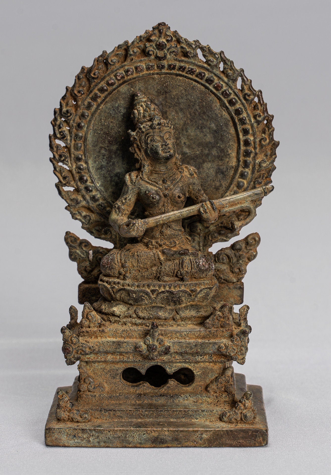 Tara Statue - Antique Java Style Majapahit Seated Bronze Devi Tara Statue - 14cm/6"
