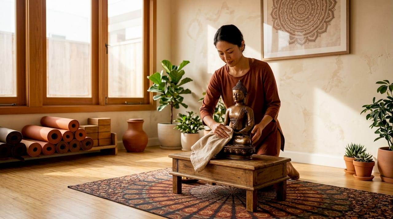 Professeur de yoga ajustant la statue de Bouddha en studio
