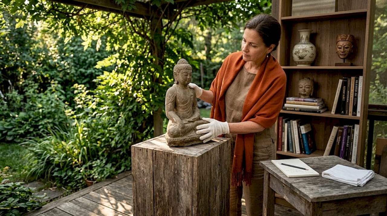 Woman storing antique stone Buddhist sculpture at home