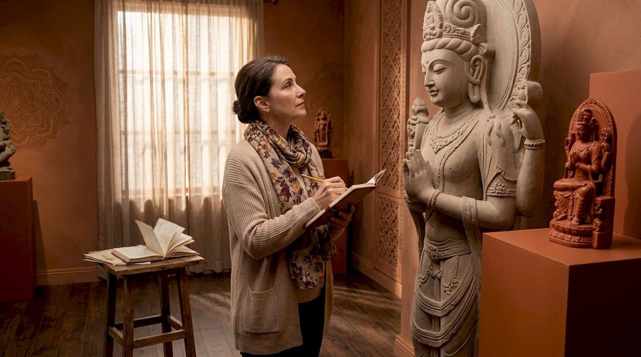 Art historian studying Avalokiteshvara sculpture in museum