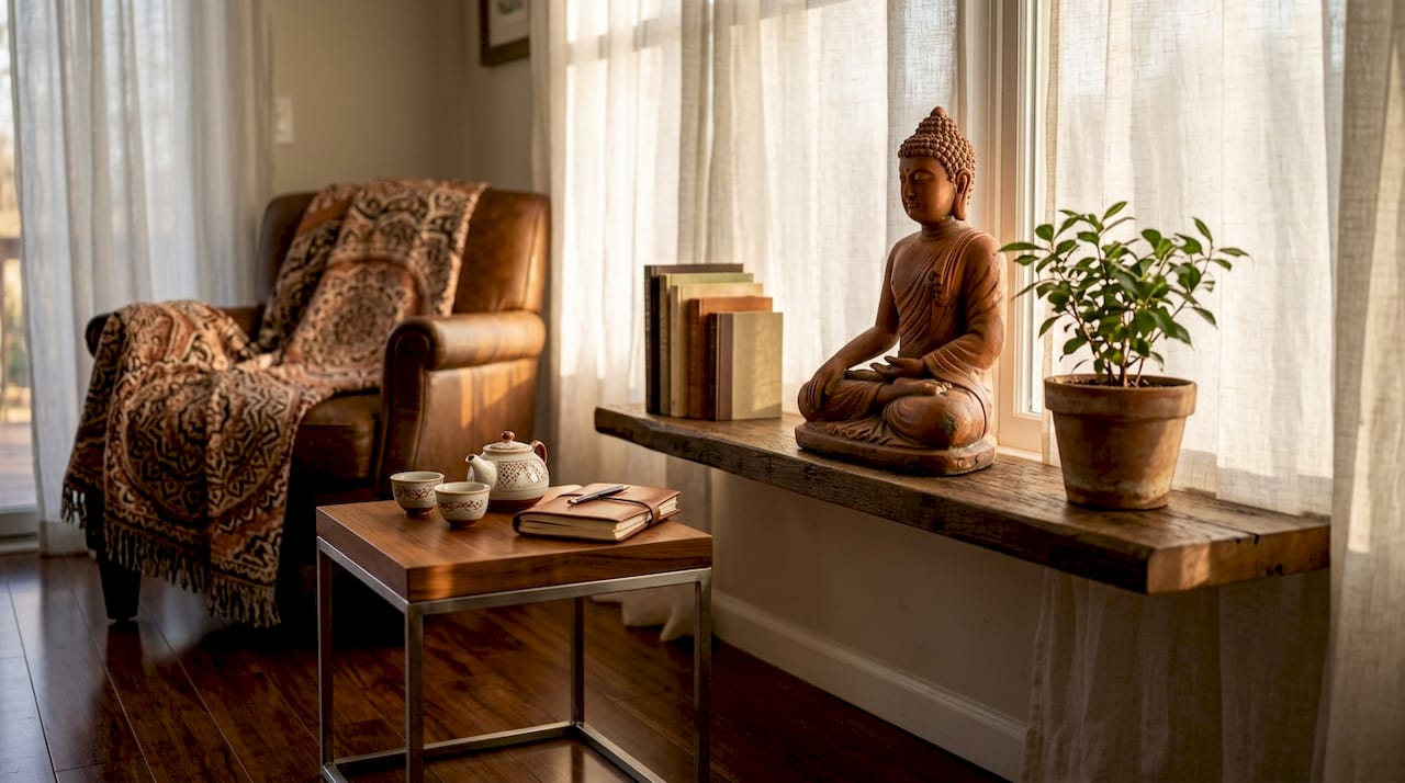Buddha statue on wooden console in living room