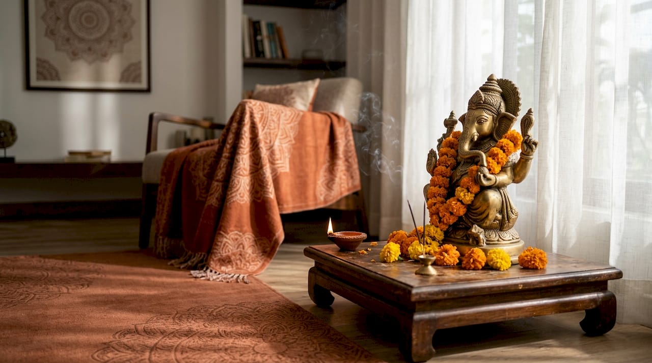 Traditional Ganesh statue on wooden altar with flowers