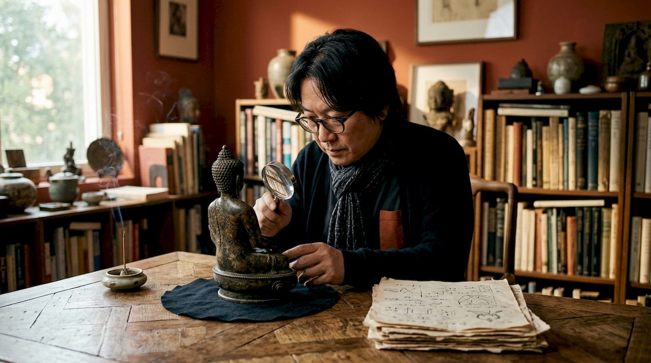Art expert inspecting antique bronze Buddha statue