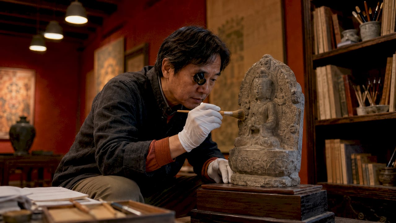 Conservator Inspecting Asian Art Statue Surface