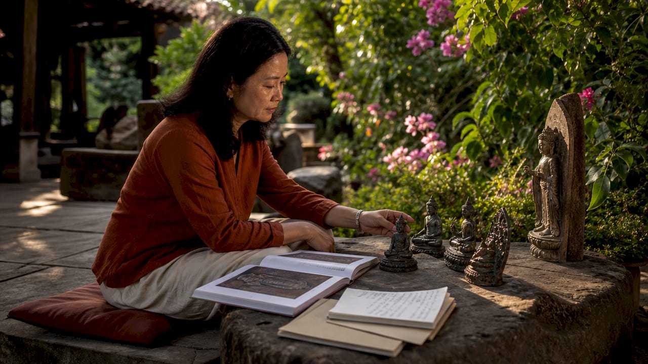 Woman studying Buddhist art sculptures indoors