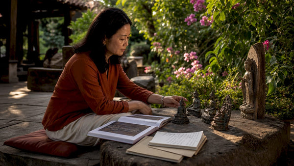 Woman studying Buddhist art sculptures indoors