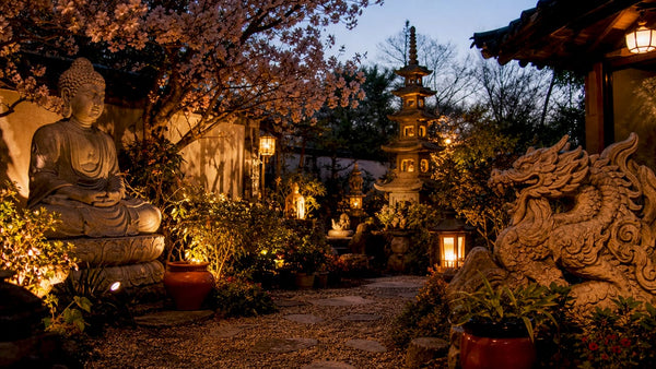Asian garden with stone Buddha and pagoda sculptures