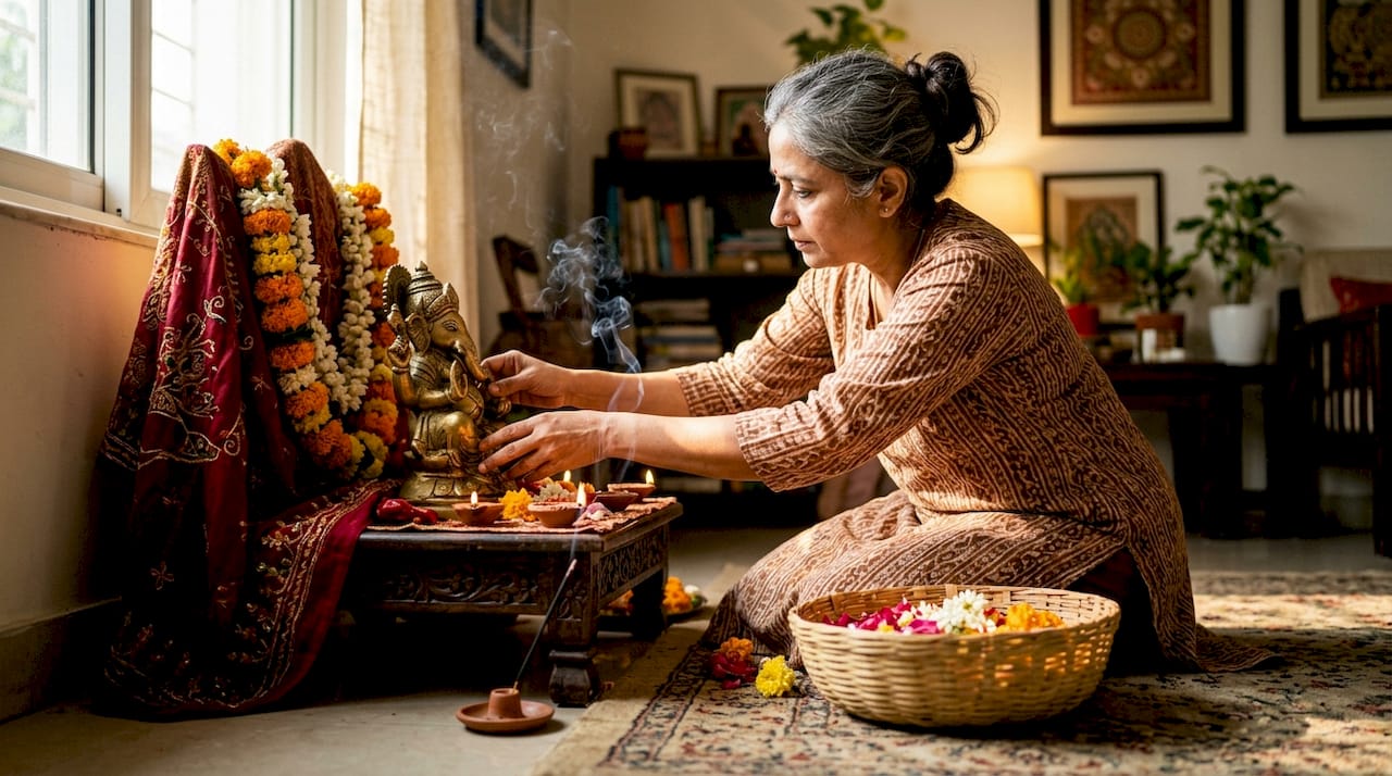 Woman arranging Hindu statue on home altar