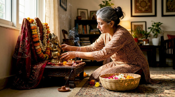Woman arranging Hindu statue on home altar