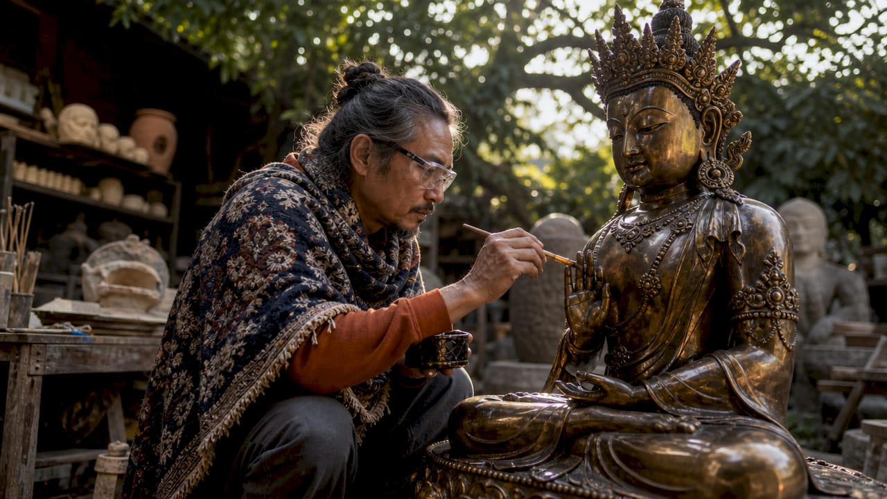 Artisan applying wax to bronze statue in workshop