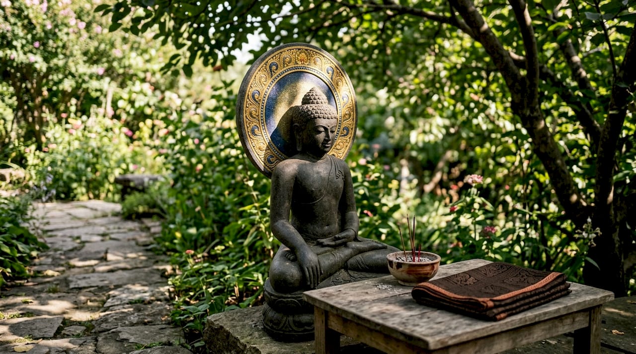 Buddhist statue with glowing aureole in temple